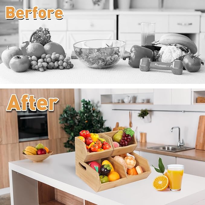 Bamboo Stackable Storage Baskets - Organize Potatoes, Onions & Fresh Produce in Pantry, Space-Saving Fruit Bowl for Kitchen Counter, Reusable Vegetable Container