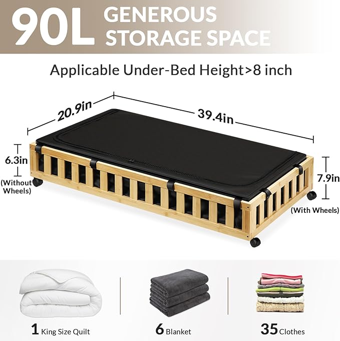 2 Pack Bamboo Under Bed Storage with Wheels, 39âx20âx7.8â Lager Under Bed Storage Containers (Natural)