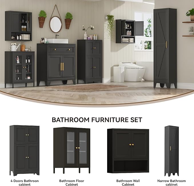 White Narrow Metal Storage Cabinet, Tall Freestanding Cabinet with 4 Adjustable Shelves & Barn Doors, Pantry Organizer for Bathroom Kitchen Home Office Dining Room（1PC,Black）
