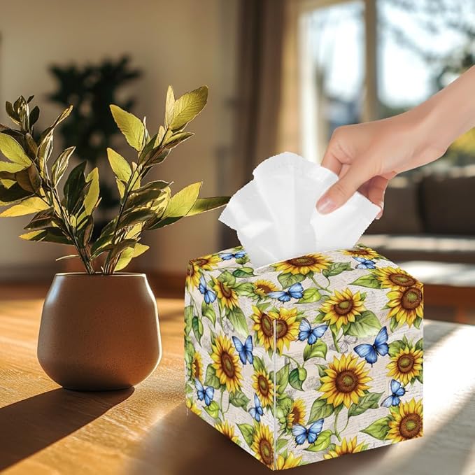 Sunflowers Tissue Box Holder, Butterflies Square Tissue Box Cover Foldable Tissue Storage Box Waterproof Paper Towel Case Container Organizer Tissue Box Holder for Bathroom Car Nightstand