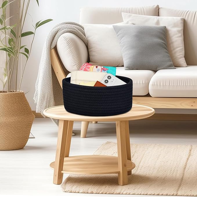 ABenkle Small Woven Basket, Empty Tiny Shallow Storage Basket, Mini Cotton Rope Baskets, Round Decorative Hamper, Basket Storage Bins for Toys, Spa, Socks, Nursery, Living Room