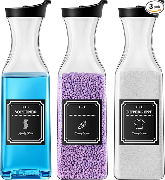 Laundry Detergent Dispenser,54oz Fabric Softener Dispenser,Plastic Liquid Laundry Detergent Container,Laundry Detergent Organizer for Laundry Room Organization with 4 Labels,3 Pack,Black