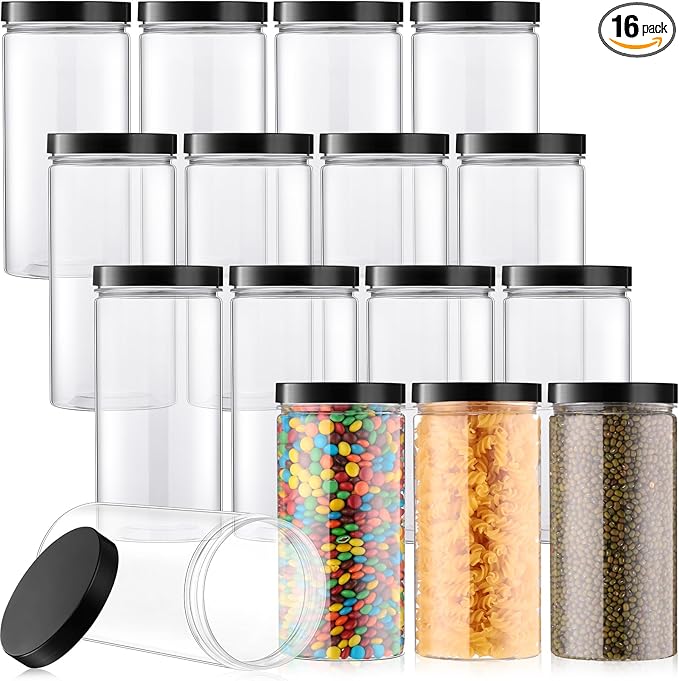 Dandat 16 Pack 30 oz Plastic Jars with Lids Plastic Mason Bottles Container Canister Wide Mouth Cylinders Kitchen Home Organize Storage for Dry Good, Spice, Honey, Candy, Peanut Butter(Black)