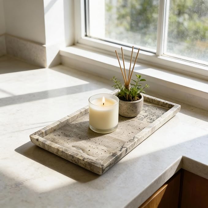 Natural Travertine Marble Vanity Bathroom Tray, 12 x 6 Inch Elegant Home Decor Tray for Kitchen,Bathroom,Dresser, Coffee Table,Sink Storage Holder Organizer, Gray Travertine (NS052)