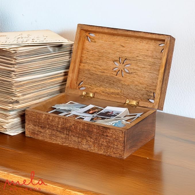Mela Artisans Wooden Keepsake Box | Burnt Mango Wood Memory | Photo Storage Box with Hinged Lid | Decorative Storage Box | Extra Large | 10.5x7.5x4 Inch