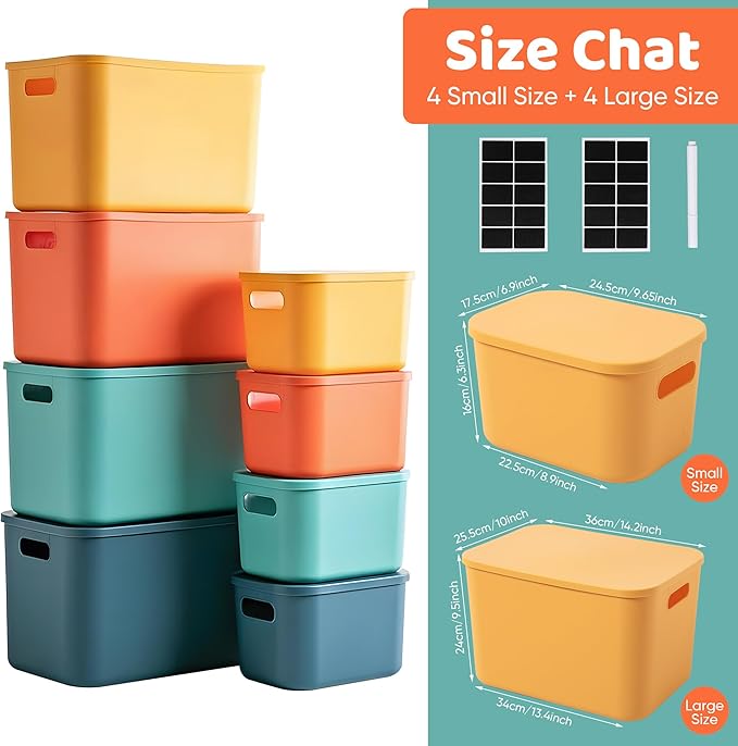 Plastic Storage Bins with Lid, Stackable Storage Containers for Organizing, Decorative Storage Baskets for Shelves Living Room Playroom Classroom Office (4 Large + 4 Small)