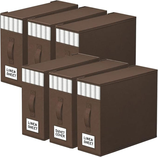6 Pack Bed Sheet Closet Organizers and Storage,Sturdy Foldable Storage Containers with Window and Label,Storage and Organization for Bedding Sheets,Duvet Covers,Blankets (Brown)