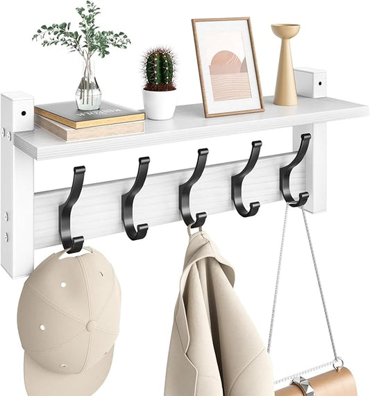 Coat Rack Wall Mount with Shelf, 17.1 Inch Coat Hanger Walls Mounted, Hat Rack for Walls, Shelf with 5 Coat Hooks, Wall Hanger for Entryway (White)