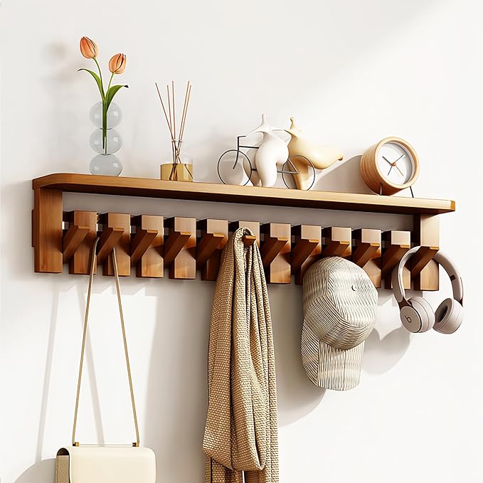 Wall Mounted Coat RackHooks Piano Key Hangers Natural Solid Wood Hanger Non-Woven Fabric Clothes Hangers for Closet, Kitchen, Bedroom, Bathroom, Entryway (Tray-Walnut, 10 Hooks)
