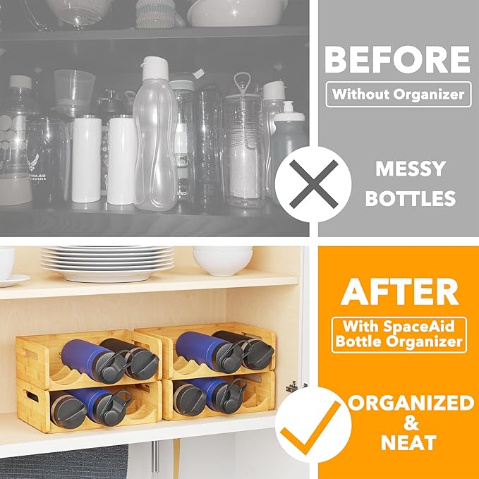 SpaceAid Bamboo Water Bottle Organizer with Labels, Kitchen Pantry Water Bottle Storage Rack for Cabinets, Home Cup and Wine Bottle Holder Shelf Organizers, 4 Pack 3-Slot, Hold 12 Bottles