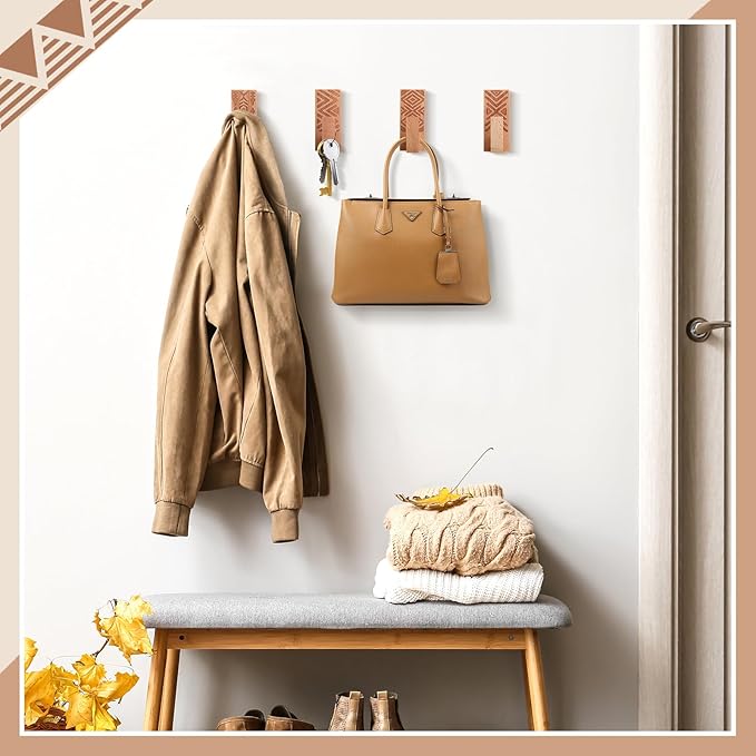 Amyhill 8 Pack Boho Decorative Wood Adhesive Wall Hooks, Boho Wooden Hooks for Hanging Hat, Coat, Jacket - No Damage Wall Mount Towel Hangers Key Holder, Bathroom Kitchen Decor(Classic Color)