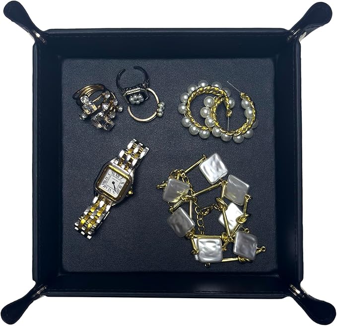 UnionBasic Small Valet Tray, Jewelry Tray for Rings Watches Earrings, Entryway Catchall Caddy for Coins Keys Change, Nightstand Bedside Valet Holder, Trays for Electronic Gadgets, Black