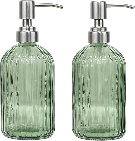 14Oz Green Soap Dispenser Bathroom - 2 Pack, Clear Glass Hand Soap Dispensers with Stainless Steel Pump, Refillable Dish Soap Dispenser for Kitchen, Countertop Soap Dispensers