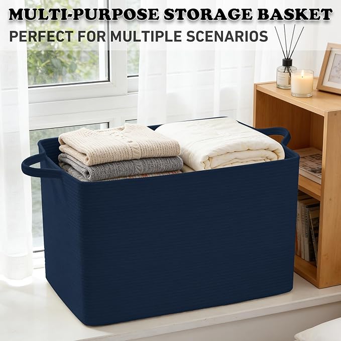 Magazine & Newspaper Baskets,65L Large Woven Rope Blanket Basket,21"x16"x12"Storage Bin with Handle,Toys Storage,Laundry Basket for Home Organization/Living Room/Nursery/Bedroom,Navy