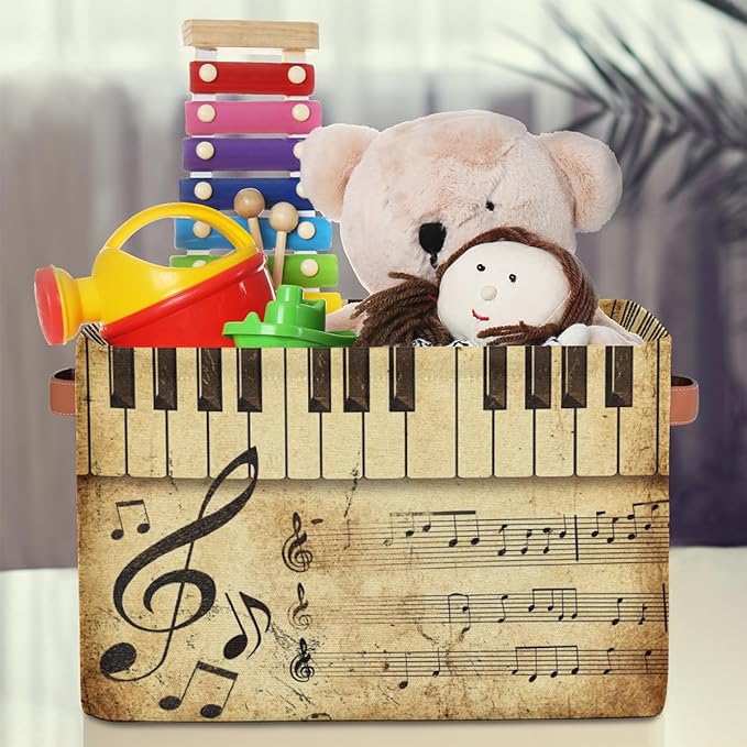 AUUXVA Storage Basket Vintage Music Note Piano Key Storage Cube Box Durable Canvas Collapsible Toy Basket Organizer Bin with Handles for Shelf Closet Bedroom Home Office
