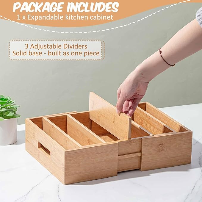 Juexica 11.8"-18.7" Expandable Bamboo Lid Organizer for Cabinet Adjustable Kitchen Cabinet Organizer Drawer Kitchen Organization with Dividers for Food Container Pantry Storage, Natural