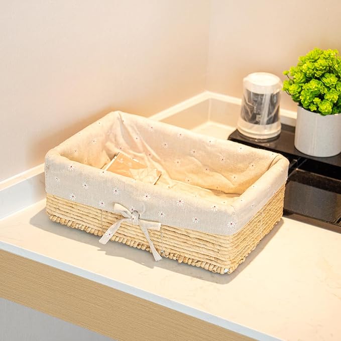 Natural Corn Rope Storage Basket - 11.8" x 8.3" x 4" Woven Organizer Bin - Boho Farmhouse Decor for Bathroom/Nursery/Shelves/Clothes /Shelves/ Closet (Single Piece)
