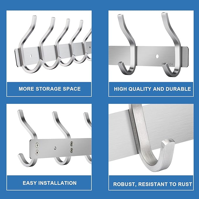 304 Stainless Steel Wall Hooks, 17 Inch Coat Rack Wall Mount with 6 Hooks,Silver Wall Hooks Hangers for Entryway, Bathroom - for Hanging Backpack, Bag, Coat, Purse, Hat, Towel, Clothes,2 Packs
