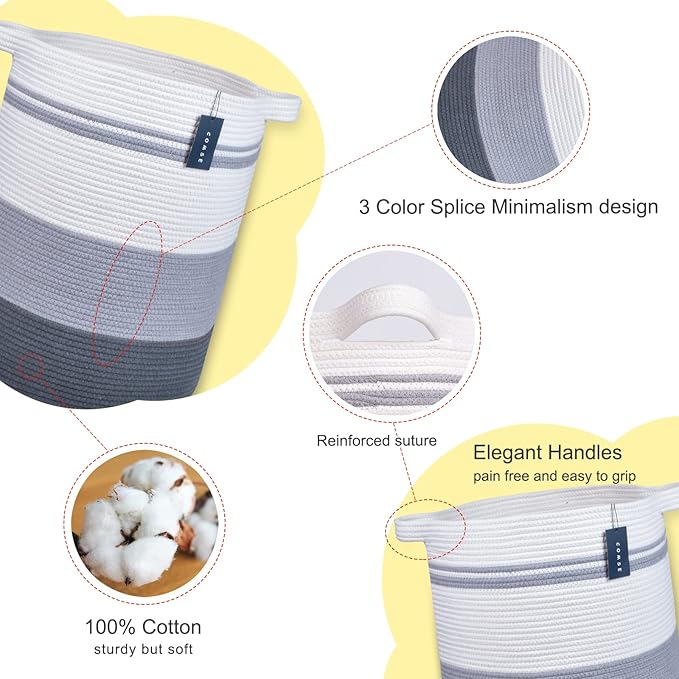 COMSE Extra Large Blanket Basket, Tall Laundry Basket, Nursery Hamper, 15.7âx 21.7â, Cotton Rope Woven Laundry Hamper for Storage Toys Clothes Towels, Gradient Gray