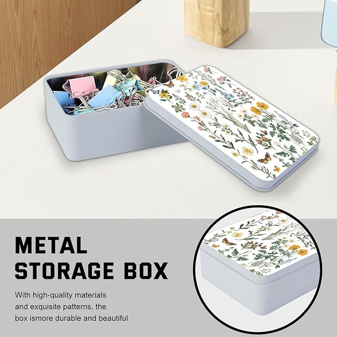 Metal Tin Box with Lid,Multi-functional Storage Large Box Can Store Tea Biscuits Game Cards, Playing & Tarot Cards-Comes with 4 Magnetic Cord Clips,Flower Garden Butterfly