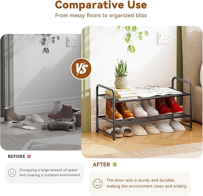 Shoe Rack 2 Tier, Metal Shoe Storage Organizer Shelf for Closet, Stackble & Adjustable, Black