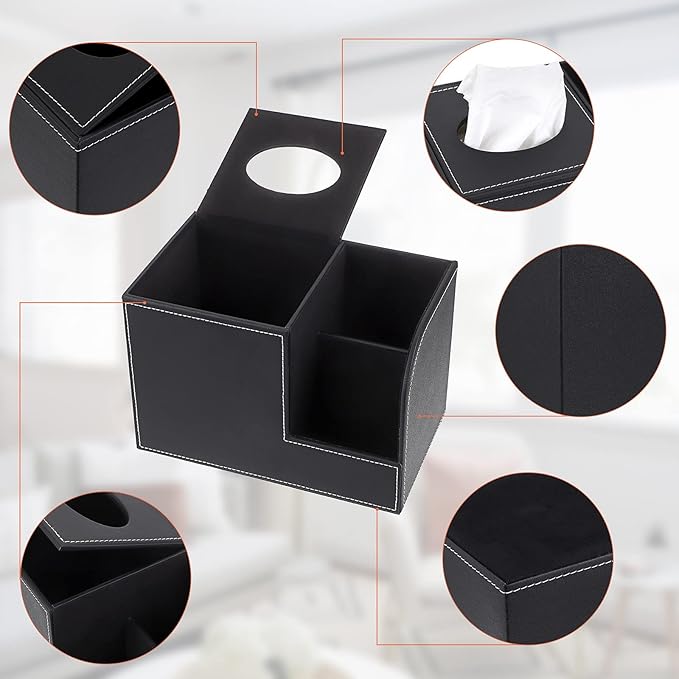 Sumnacon Square Leather Tissue Box Cover - Decorative Cube Tissue Box Holder with Side Organizer, Modern Tissue Box for Living Room Vanity Night Stand Table Countertop Office, Black