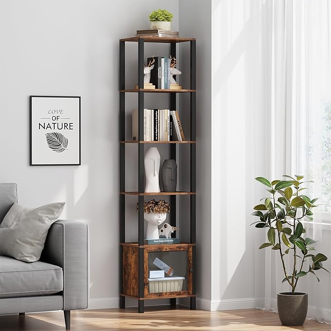 TUTOTAK 6 Tier Bookcase and Bookshelf, Narrow Book Shelf with Door for Small Space, for Living Room, Office, Study, Entryway, Brown BS03BB006