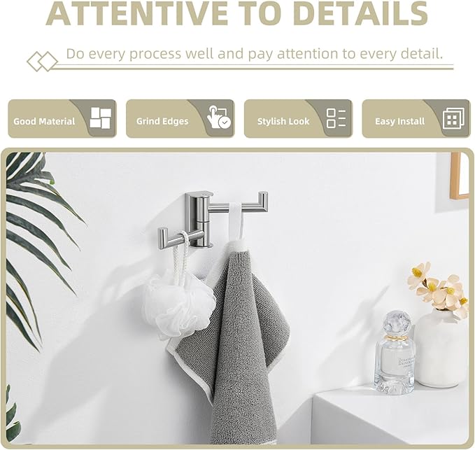 Suyar Double Towel Hook Brushed Nickel, SUS304 Stainless Steel Bathroom Robe Holder, Coat Hook with 2 Rotatable Arms, Wall Mounted