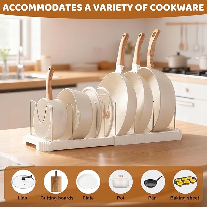 Pots and Pans Organizer Under Cabinet, 7-Slot Expandable Pot Rack Organizer with Cup Brush, Kitchen Pots and Pans Organizer for Cookware, Lids, Bakeware, Cutting Boards Tool-Free Installation (White)