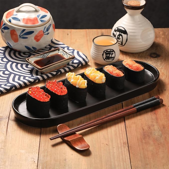 VanEnjoy Black Vanity Tray for Bathroom Counter, Long Narrow Tray Ceramic Tray for Kitchen Counter for Soap Bottles