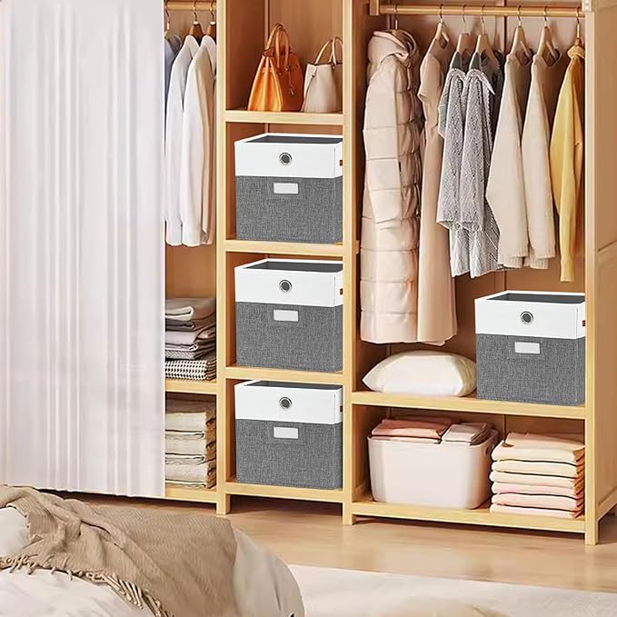 11x11 Cube Storage Organizer Bins Set of 4,foldable Storage Bins with Label,Cubby Storage Organizer with Metal pull ring and Leather Handles(Grey/White)