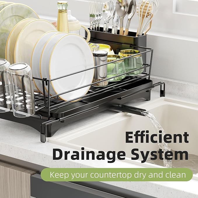 Expandable Dish Drying Rack for Kitchen Counter, Large Capacity Dish Drainer with Utensil Holder & Drip Tray, Space Saving Organizer (12.7"-21.7" x 17"), Black