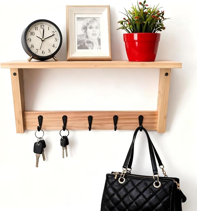 Wall Shelf with Hooks, Multi-Purpose Wooden Shelf & Metal Hooks for Home Entryway, Living Room,Office - Heavy Duty Coat Rack Organizer Hanging Coats, Bags, Key Holder