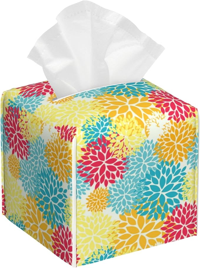 Chrysanthemum Flower Tissue Box Cover Leather Tissue Box Holder Square Facial Paper Organizer Dispenser for Bathroom Kitchen Bedroom Vanity Countertop Night Stands