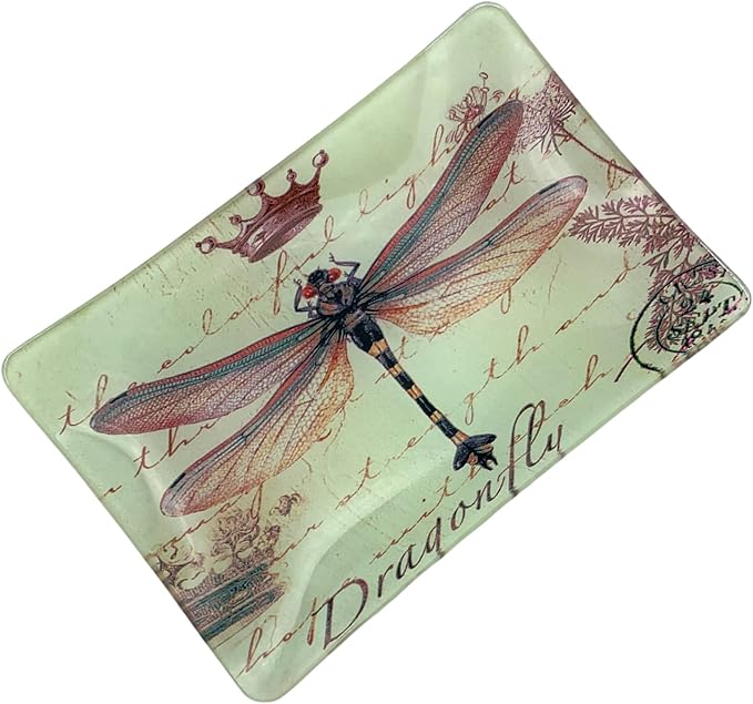 Value Arts Trinket Dish, Dragonfly with Crown and Postmark, Rectangular Glass Ca