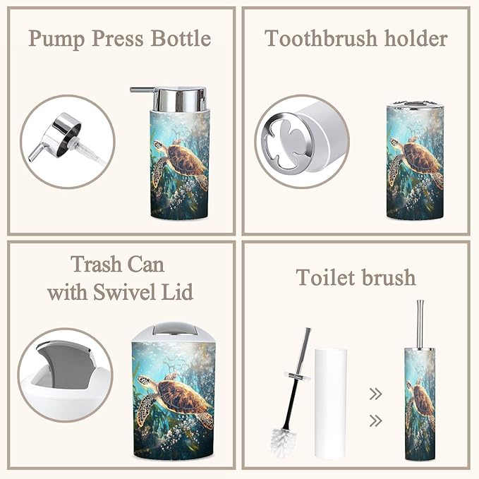 6 Piece Bathroom Accessories Set Sea Turtle Adventure Whimsical Kelp Forest Storybook Art Trash can Toilet Brush Holder Toothbrush Holder Toothbrush Cup Soap Dispenser Soap Dish for Home