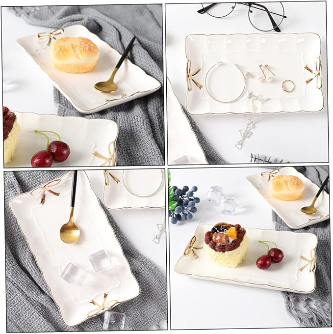 Ceramic Jewelry Tray with Bow Accent 7.87X4.72 Inch Rectangular Jewelry Dish Organizer for Home Countertop Storage and Cosmetics Accessories