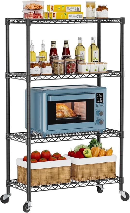 4 Tier Shelves Storage Shelf Wire Closet Bathroom Organizers Metal Pantry Kitchen Garage Shelving Unit Laundry Room Organization Home Rack Net Basket Black 14”D X 36”W X 58”H