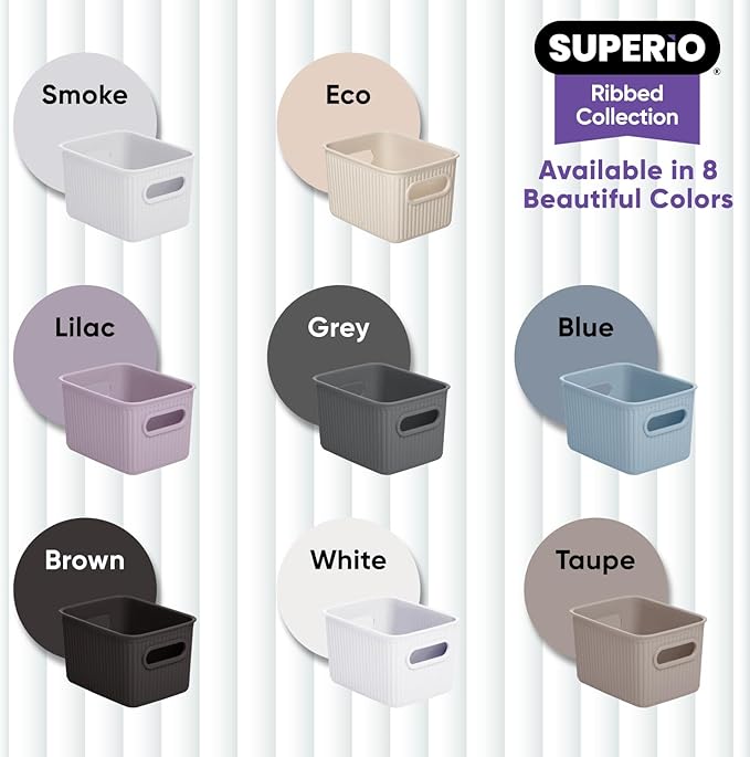 Superio Ribbed Collection - Decorative Plastic Basket Open Home Storage Bins Organizer, Small Lilac Purple (6 Pack) Container Boxes for Organizing Closet Storage Bins for Shelves 1.5 Liter