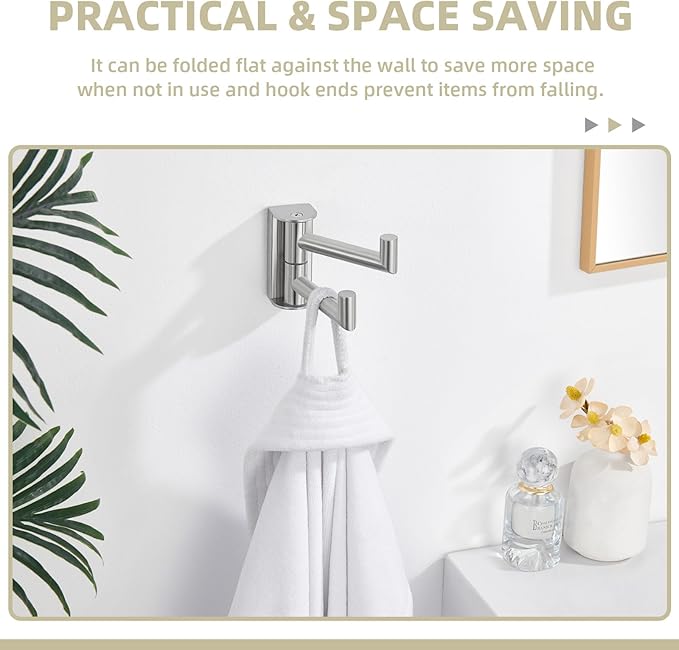Suyar Double Towel Hook Brushed Nickel, SUS304 Stainless Steel Bathroom Robe Holder, Coat Hook with 2 Rotatable Arms, Wall Mounted
