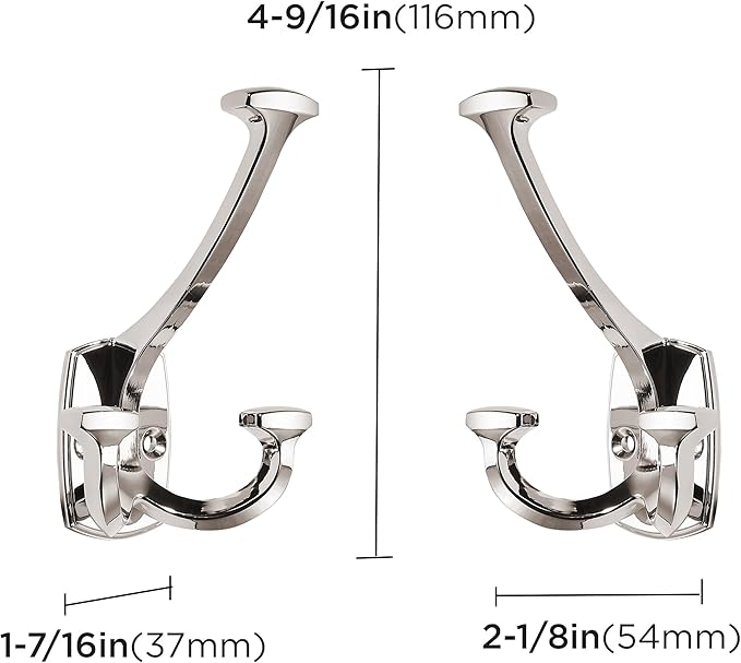 Large Wall Double-Sided Hook 10 Pack Polished Nickel Hook Decorative Heavy Duty Solid Large Coat Hooks for Towel Hanging Coats Robe Towel Bags Door Back 2 Prong Hooks