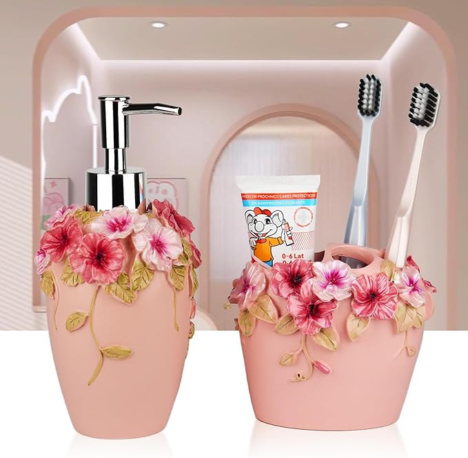 Vintage Bathroom Accessories Set with Flower Decor - Resin -Lotion Hand Soap Dispenser and Toothbrush Holder, 2pcs Pink Bathroom Accessory Set