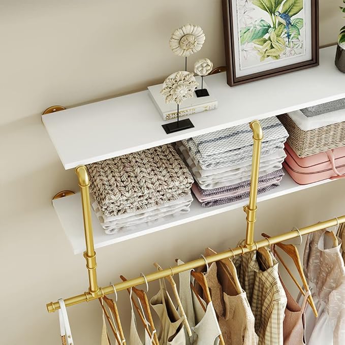 MAIKAILUN Industrial Pipe Clothes Rack Gold with Wood Shelf, 52" Long Wall Mounted Clothing Rack with Hanging Rod for Laundry Room, Heavy Duty Pipe Shelves, Closet Storage, Retail Boutique Display