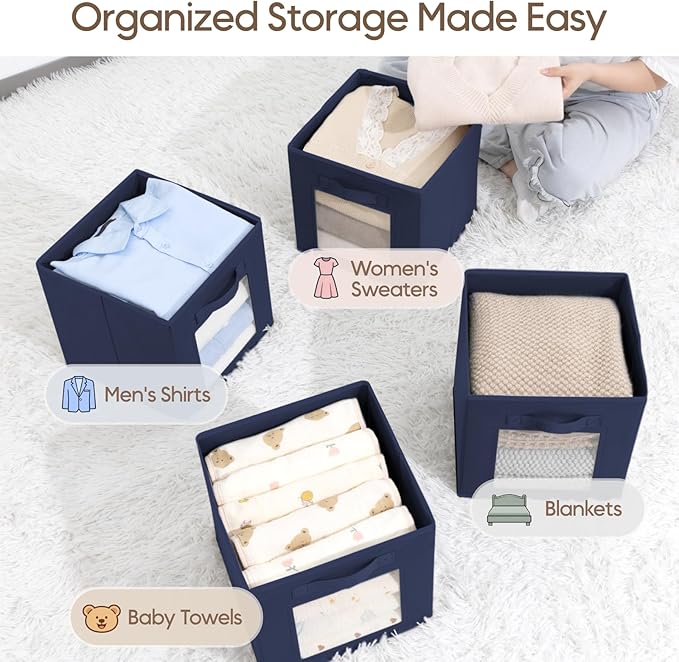 Storage Cube 11 Inch - Cube Storage Bins with Window, Closet Storage Baskets with Handle, Fabric Bins for Closet, Shelves, Toys, Clothes, Set of 12, Navy Blue