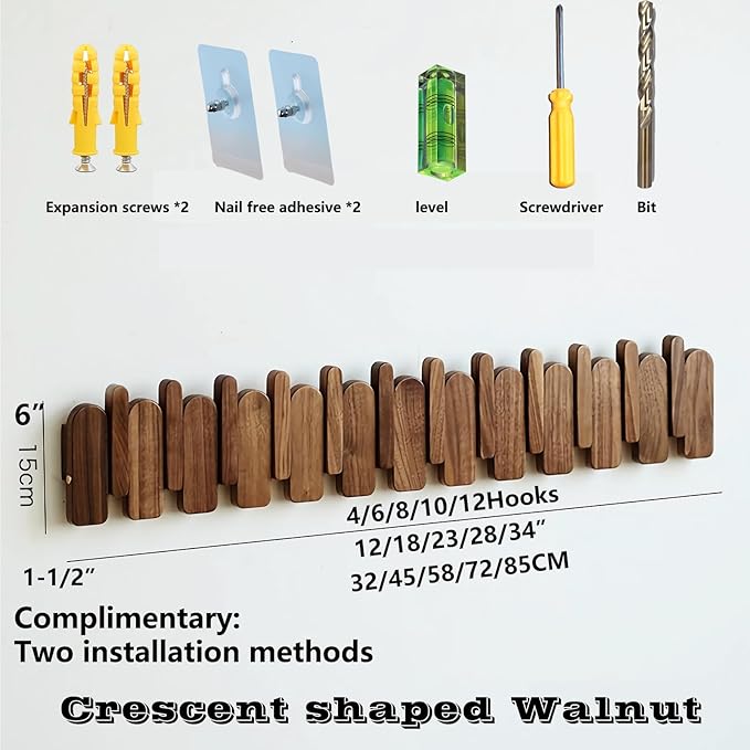 Wall Mounted Coat RackHooks Piano Key Hangers Natural Solid Wood Hanger Non-Woven Fabric Clothes Hangers for Closet, Kitchen, Bedroom, Bathroom, Entryway (Moon Walnut-Beech, 4 Hooks)