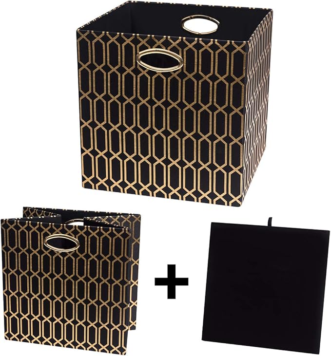 Posprica Storage Bins, Storage Cubes,13Ã13 Fabric Drawers Organizer Basket Boxes Containers (13Ã13Ã13/4pcs, Black/gold geometry Pattern)