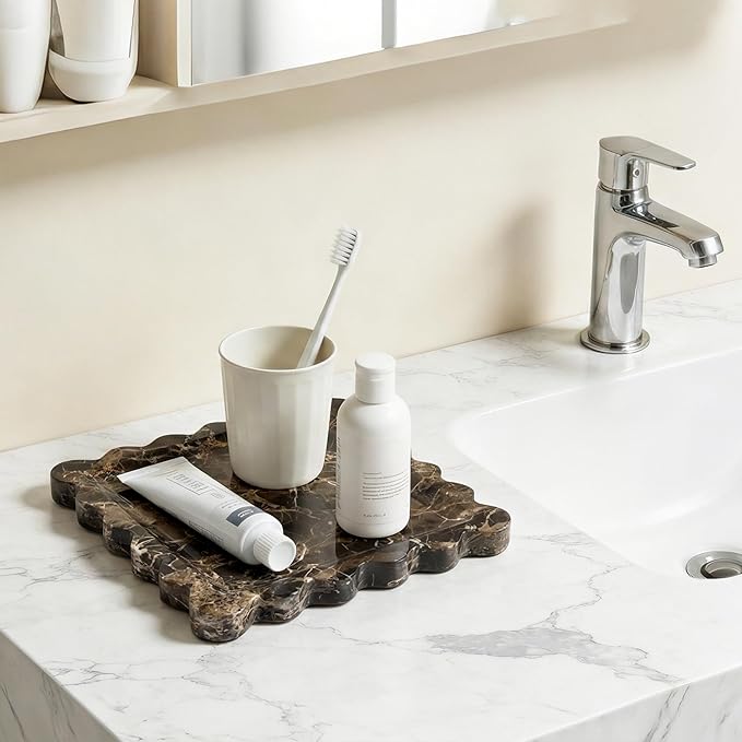 Elegant Square Marble Decorative Tray with Scalloped Edge Natural Stone Vanity Tray Organizer for Counter, Vanity, Dresser, Nightstand, Bathroom & Kitchen Sink(Dark Brown Net)