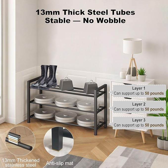 3-Tier Expandable Shoe Rack – Adjustable Heavy-Duty Metal Shoe Organizer Shelf for Closet, Entryway, Mudroom & Garage – Durable Freestanding Storage, Black