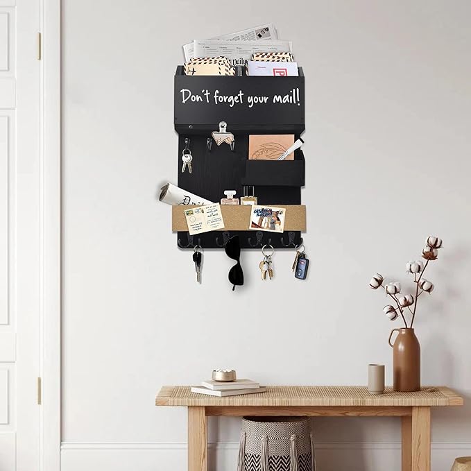 Mail Organizer Wall Mount，Key Holder Mail and Key Organizer for Wall with Shelf, Chalkboard, Corkboard, Home Decor for Room Office Entryway(Midnight Black)