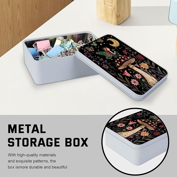 Metal Tin Box with Lid,Multi-functional Storage Box Can Store Tea Biscuits Game Cards, Playing & Tarot Cards-Comes with 4 Magnetic Cord Clips,Mushroom Fairy